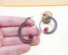 Round hoop wire wrapped earrings, red Jade earrings, oxidized copper wire / retro steampunk victorian jewelry, handmade wire wrapped jewelry
