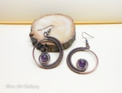 Round hoop wire wrapped earrings, amethyst earrings, oxidized copper wire