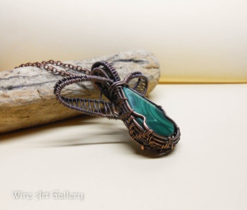 Wire Wrapped jewelry / handmade pendant oxidized copper wire / Malachite