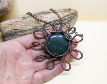 Wire wrapped sun necklace / oxidized copper jewelry / Aventurine