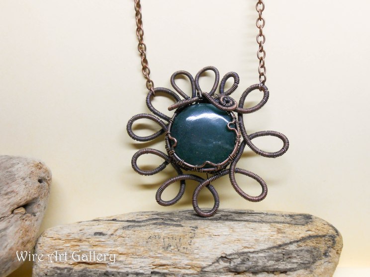 Wire wrapped sun necklace / oxidized copper jewelry / Aventurine