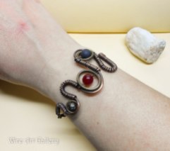 Steampunk Cyber bracelet / oxidized copper wire / wire wrapped jewelry / Onyx, Red Jade, Pyrite semi precious stones