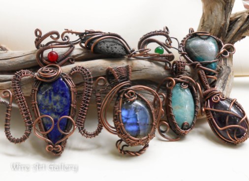 Wire wrapped oxidized copper pendant / Minerals, semi-precious stones