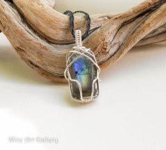 Wire wrapped silvered enameled copper pendant / Fire Labradorite