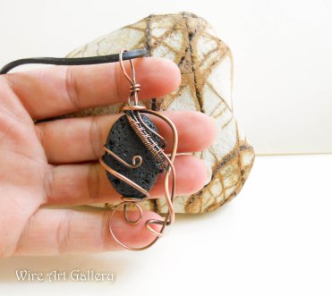 Wire wrapped oxidized copper pendant / Volcanic Lava